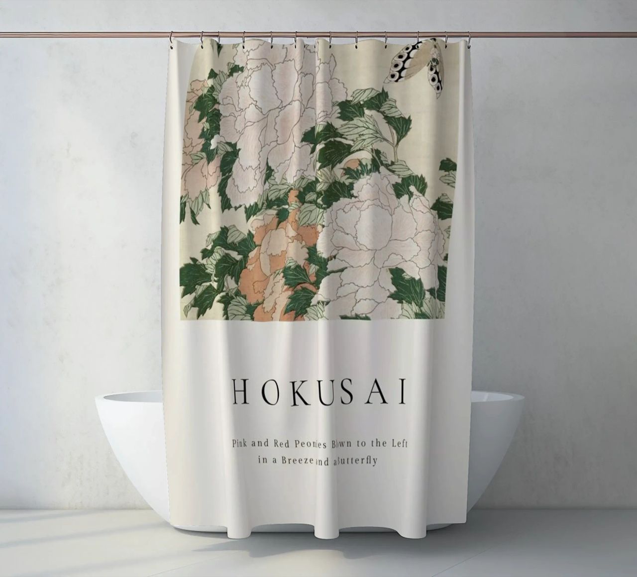 Hokusai - Pink and Red Peonies Blown to the Left in a Breeze and a Butterfly rideau de douche de ARTOTHEK