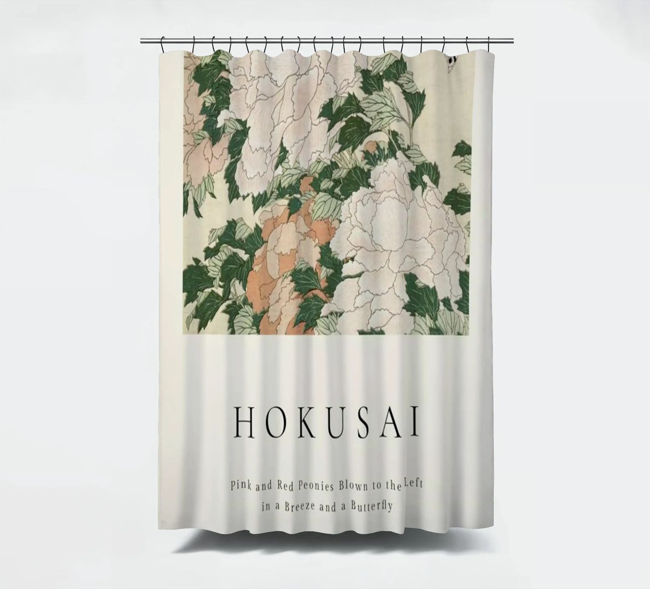 Hokusai - Pink and Red Peonies Blown to the Left in a Breeze and a Butterfly rideau de douche de ARTOTHEK
