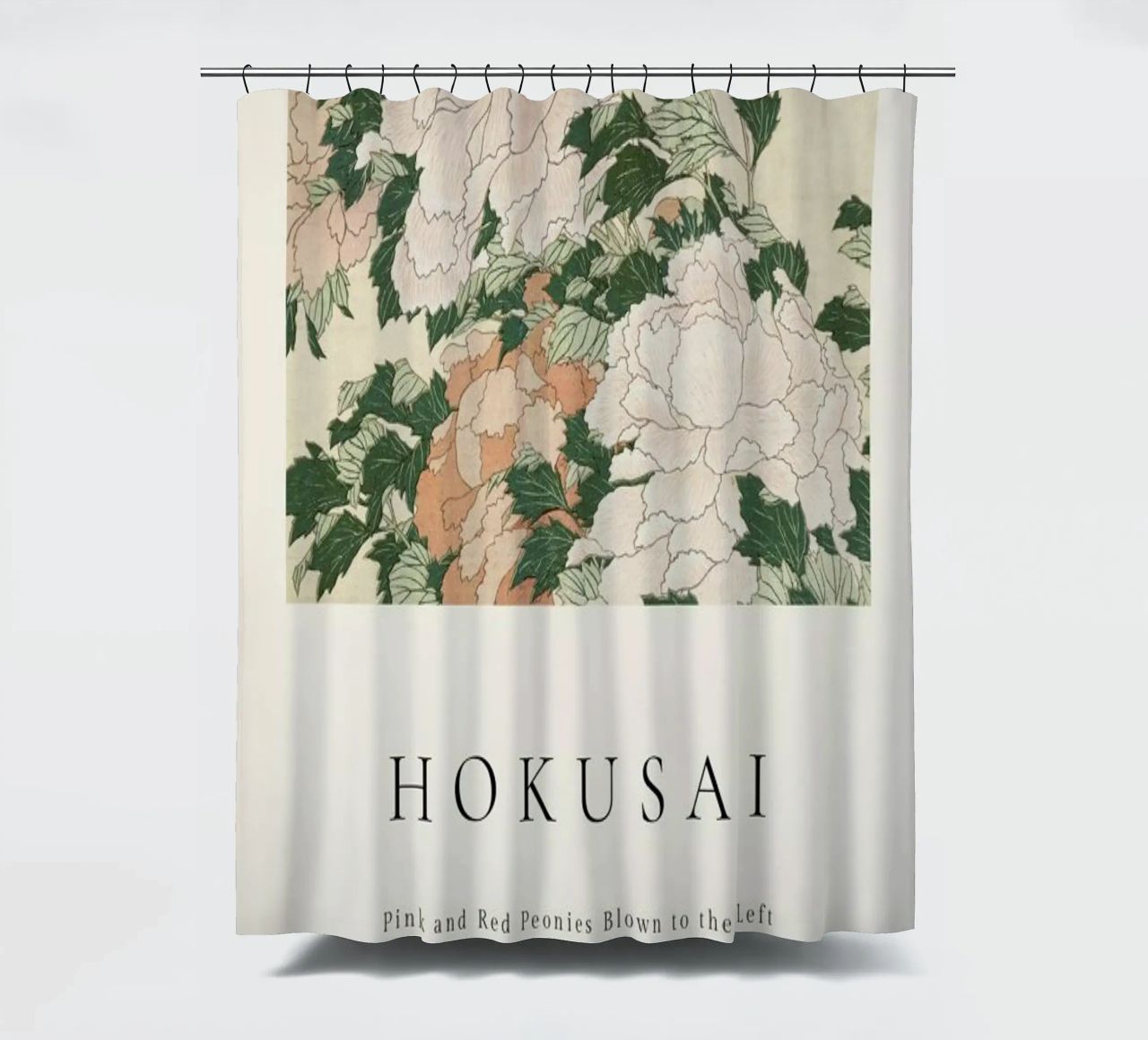 Hokusai - Pink and Red Peonies Blown to the Left in a Breeze and a Butterfly rideau de douche de ARTOTHEK