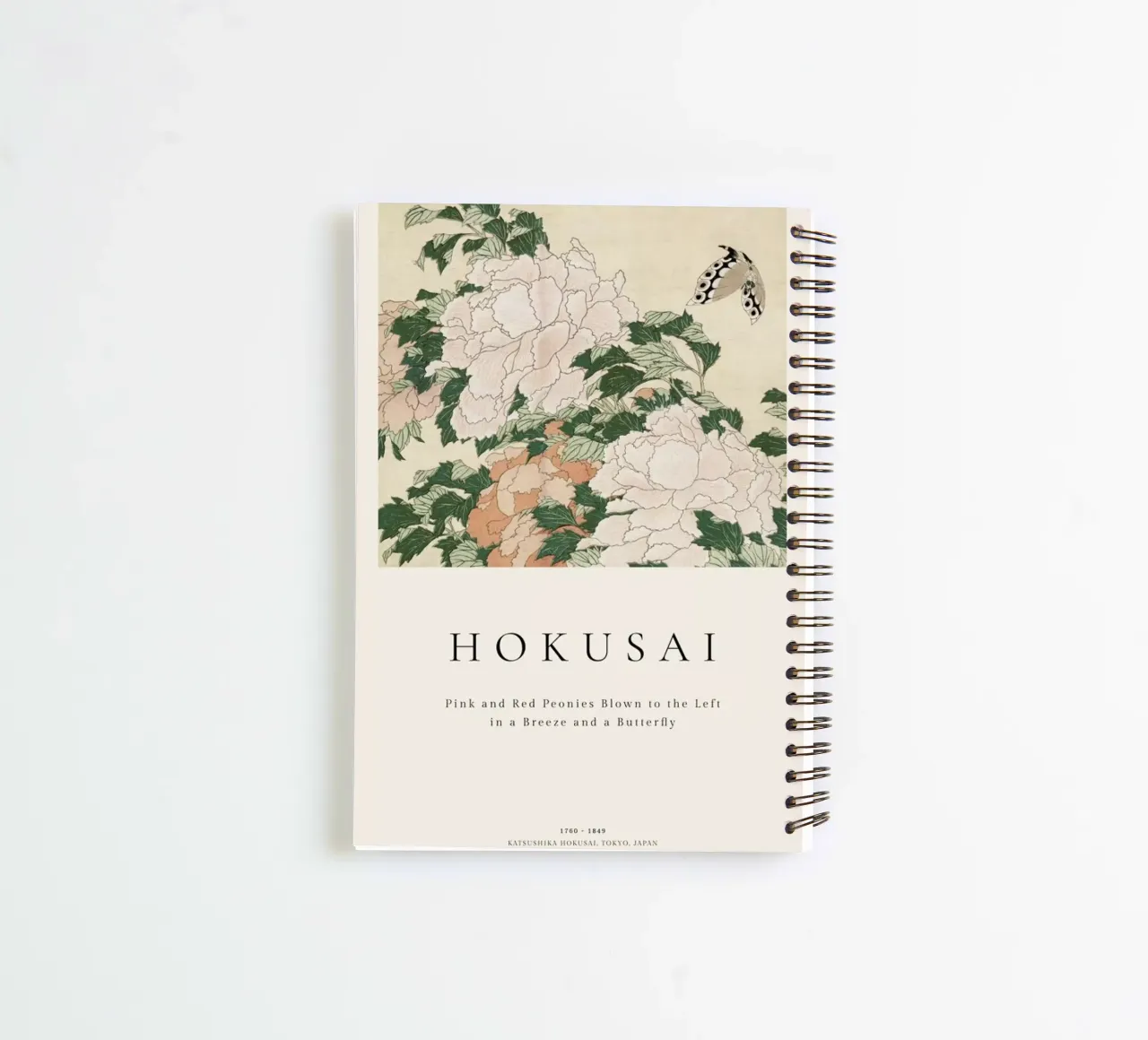 Hokusai - Pink and Red Peonies Blown to the Left in a Breeze and a Butterfly diario ad anelli da ARTOTHEK