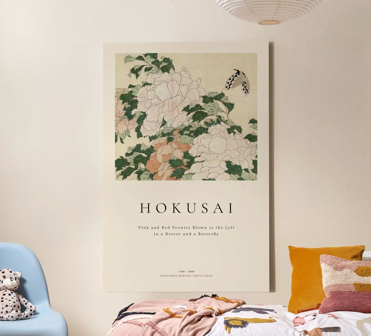 Hokusai - Pink and Red Peonies Blown to the Left in a Breeze and a Butterfly toile de ARTOTHEK