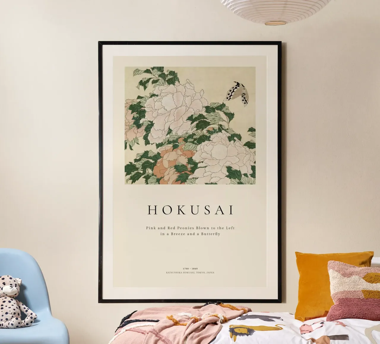 Hokusai - Pink and Red Peonies Blown to the Left in a Breeze and a Butterfly carta hahnemühle da ARTOTHEK