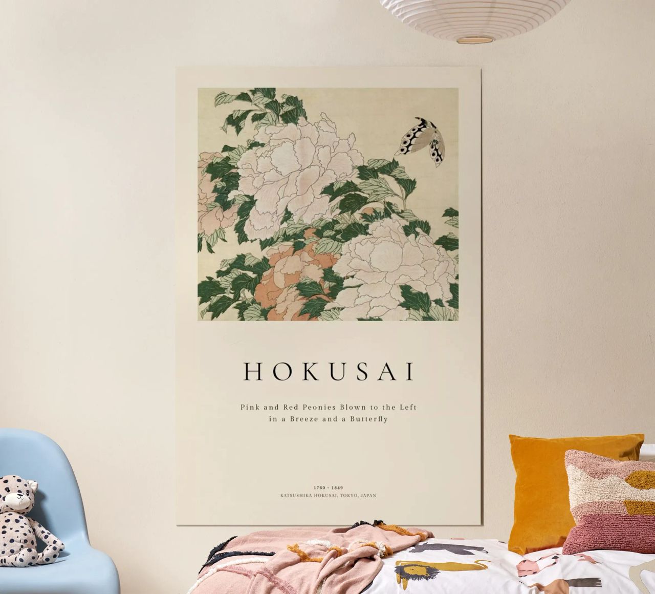 Hokusai - Pink and Red Peonies Blown to the Left in a Breeze and a Butterfly poster by ARTOTHEK