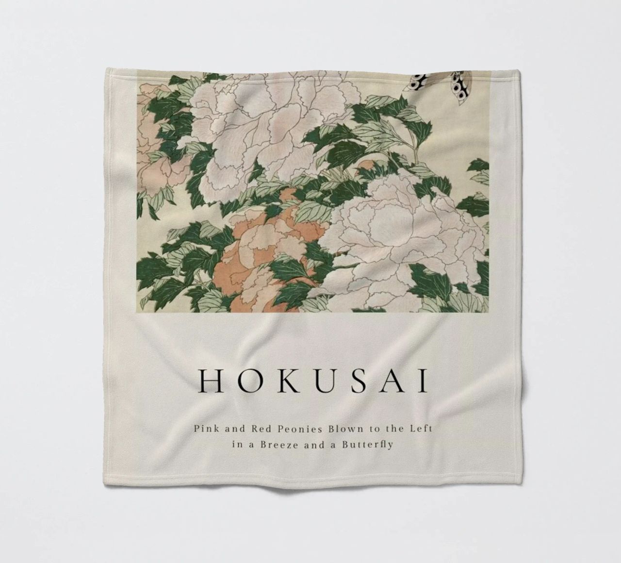 Hokusai - Pink and Red Peonies Blown to the Left in a Breeze and a Butterfly plaid polaire de ARTOTHEK