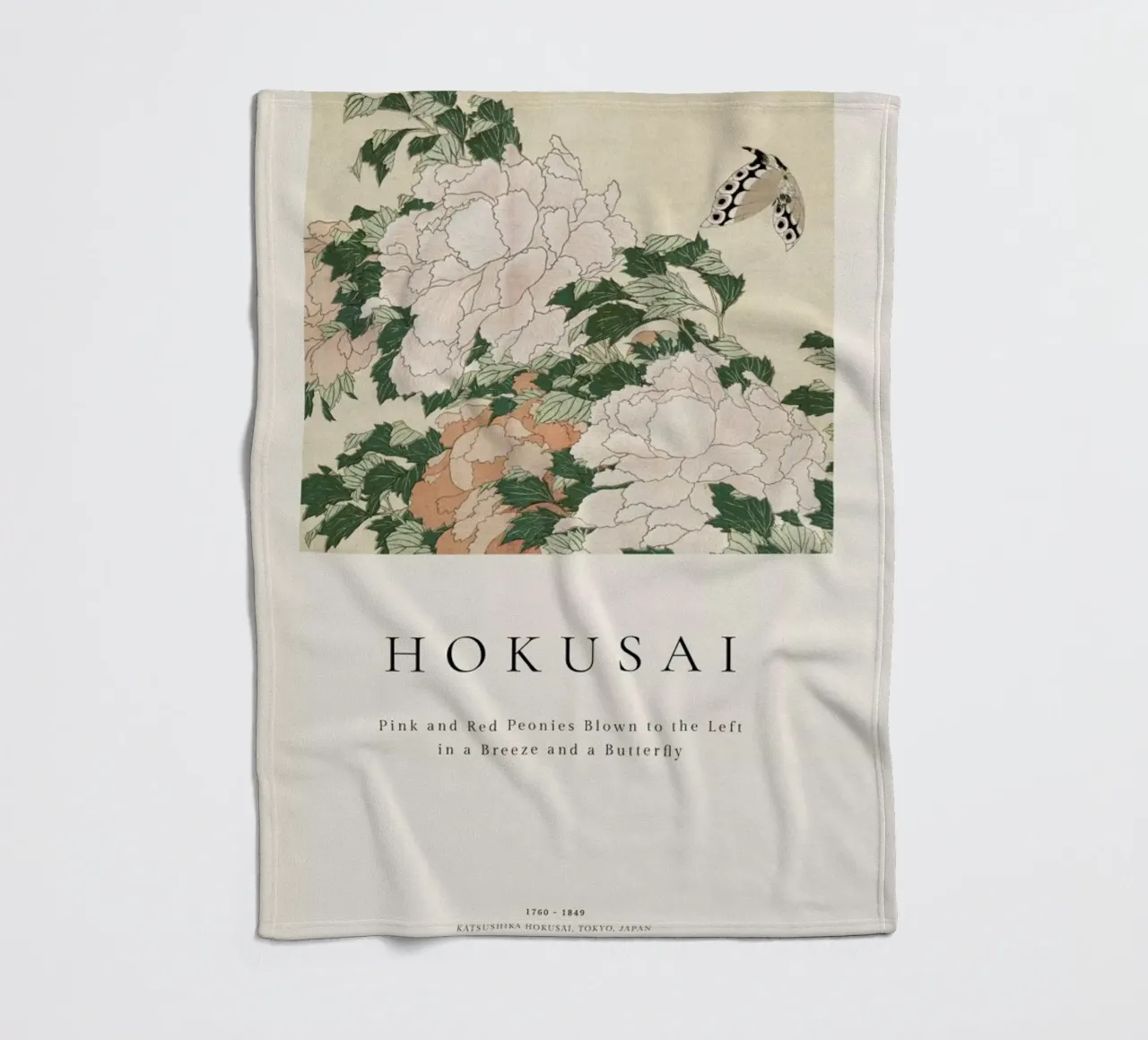 Hokusai - Pink and Red Peonies Blown to the Left in a Breeze and a Butterfly coperta in pile da ARTOTHEK