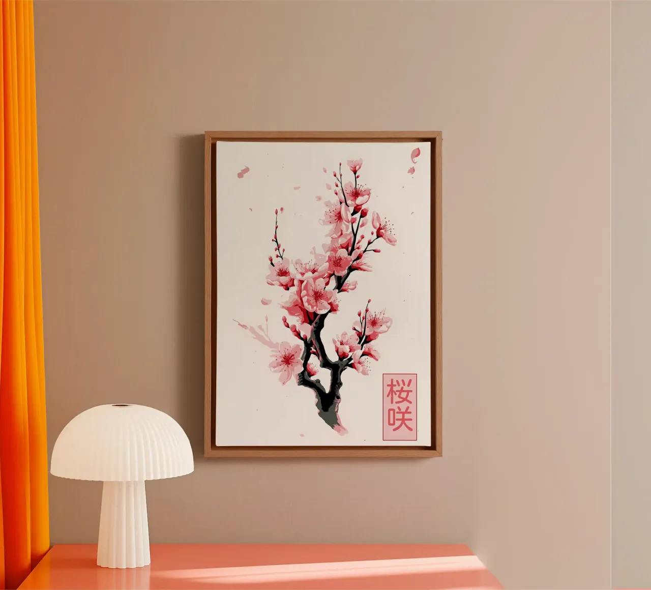 Sakura-Zweig Blumen Leinwand mit Schattenfugenrahmen von Rebecca Clark Wyrick