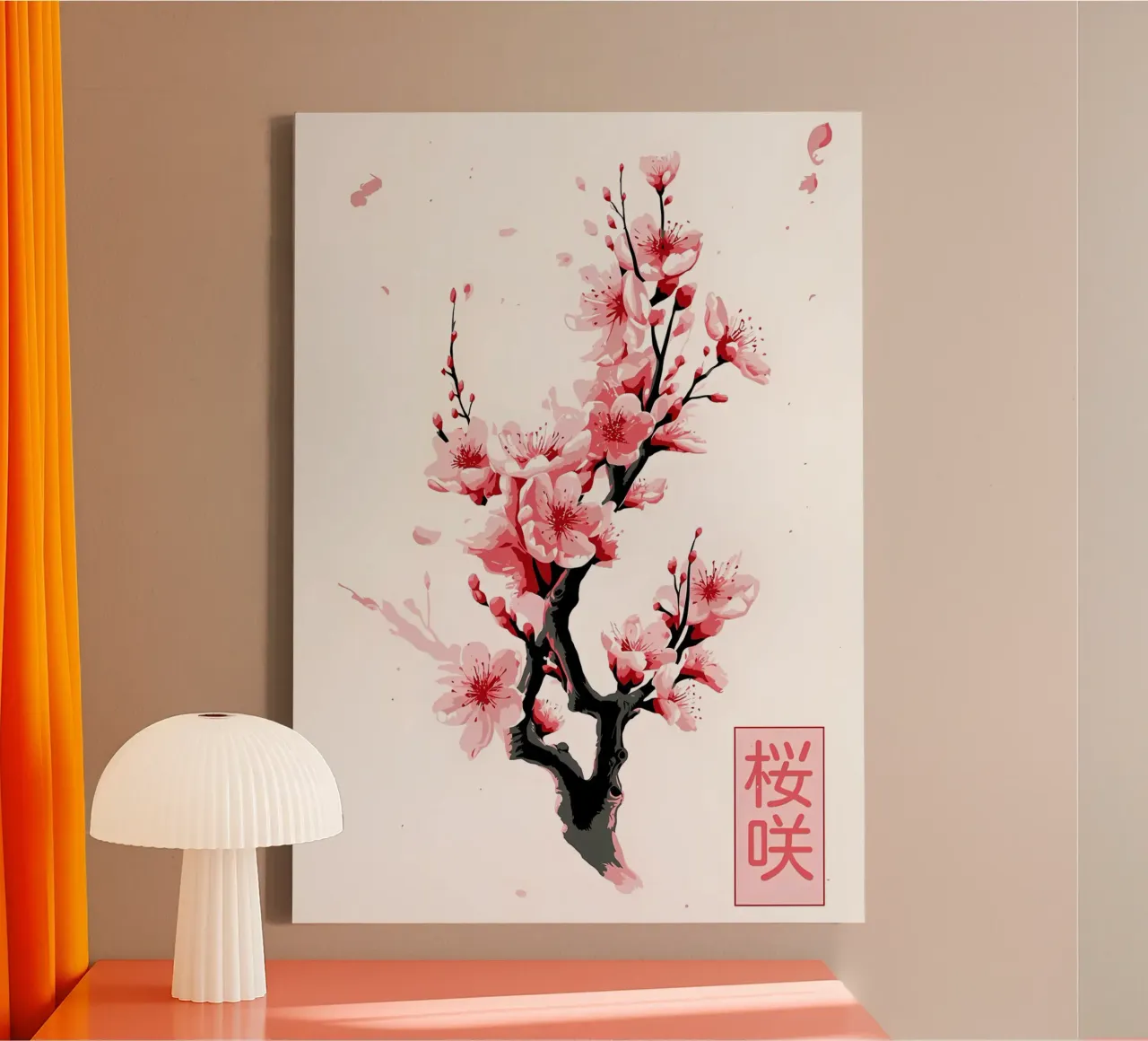 Sakura-Zweig Blumen Leinwand mit Schattenfugenrahmen von Rebecca Clark Wyrick