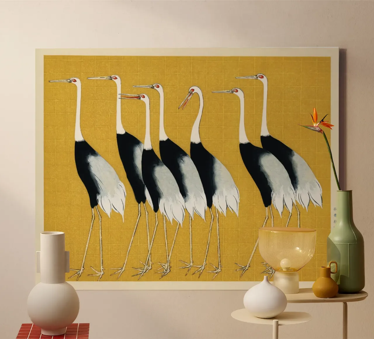 Flock of Japanese Red-Crowned Cranes by Ogata Kōrin canvas with Floater frame by Venus Art