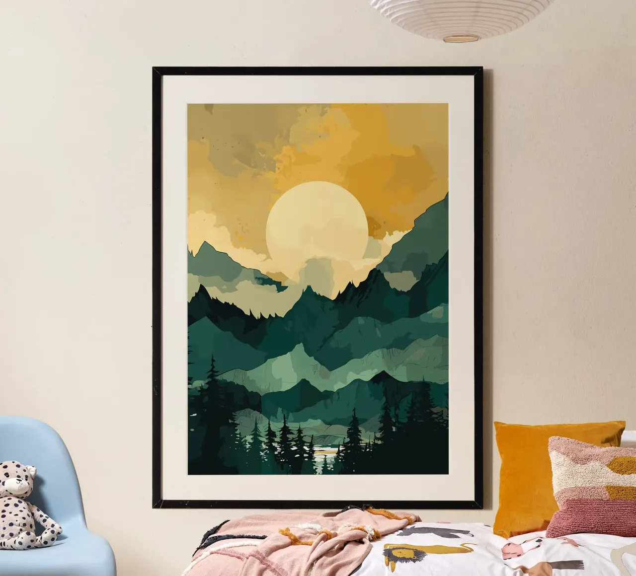 Nebbia di montagna blu poster con telaio in legno da Albert S Jacob