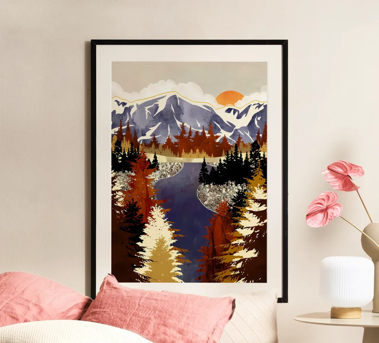 Paesaggio montano minimalista poster con telaio in alluminio da Albert S Jacob