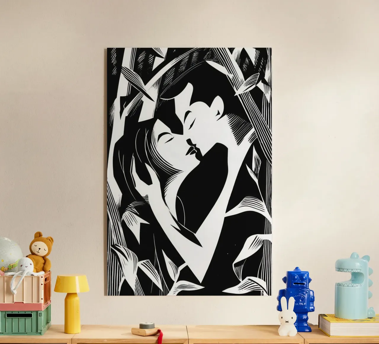 Il bacio segreto | Xilografia in bianco e nero plexiglass da Autofocus