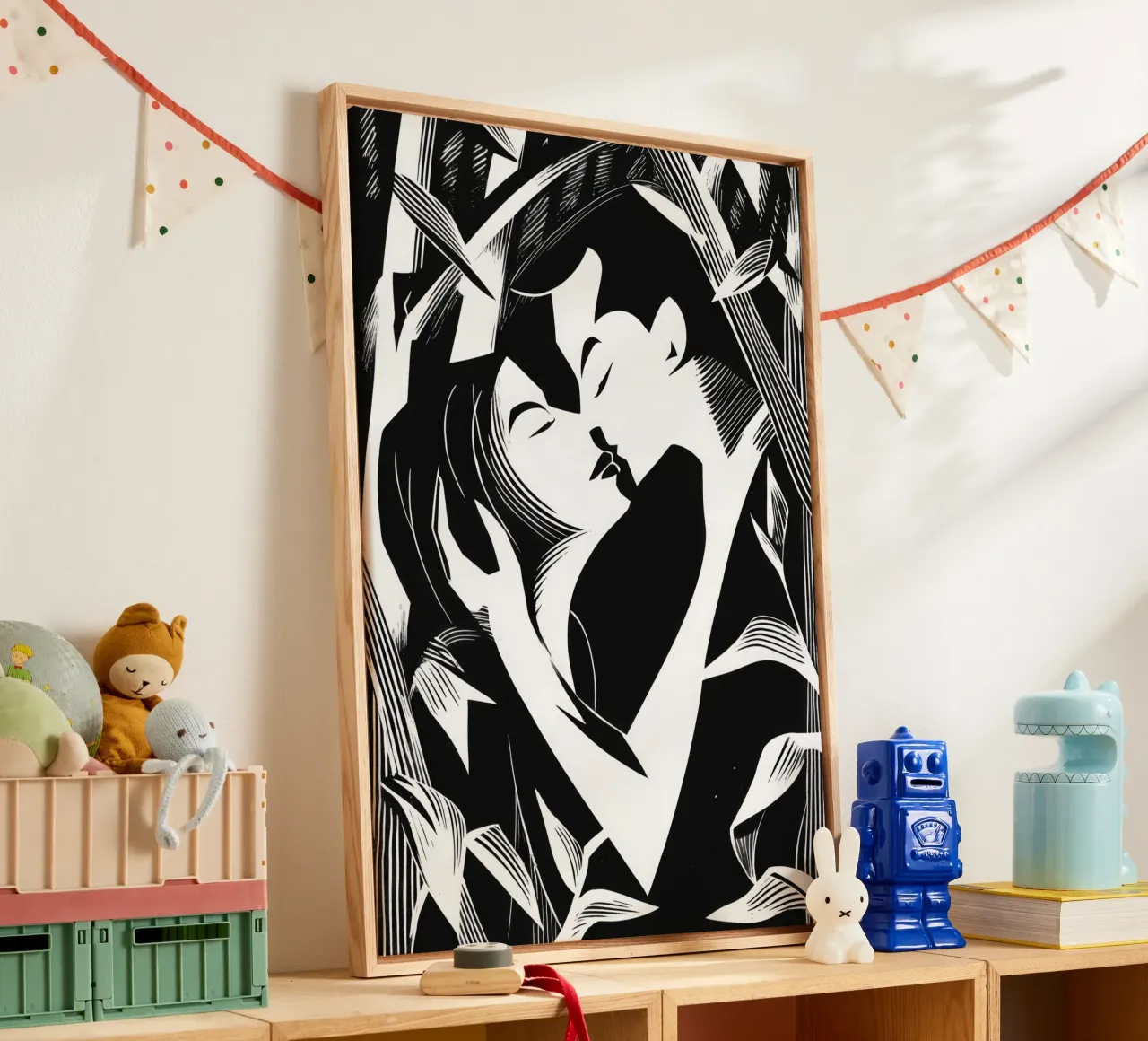 Il bacio segreto | Xilografia in bianco e nero tela da Autofocus