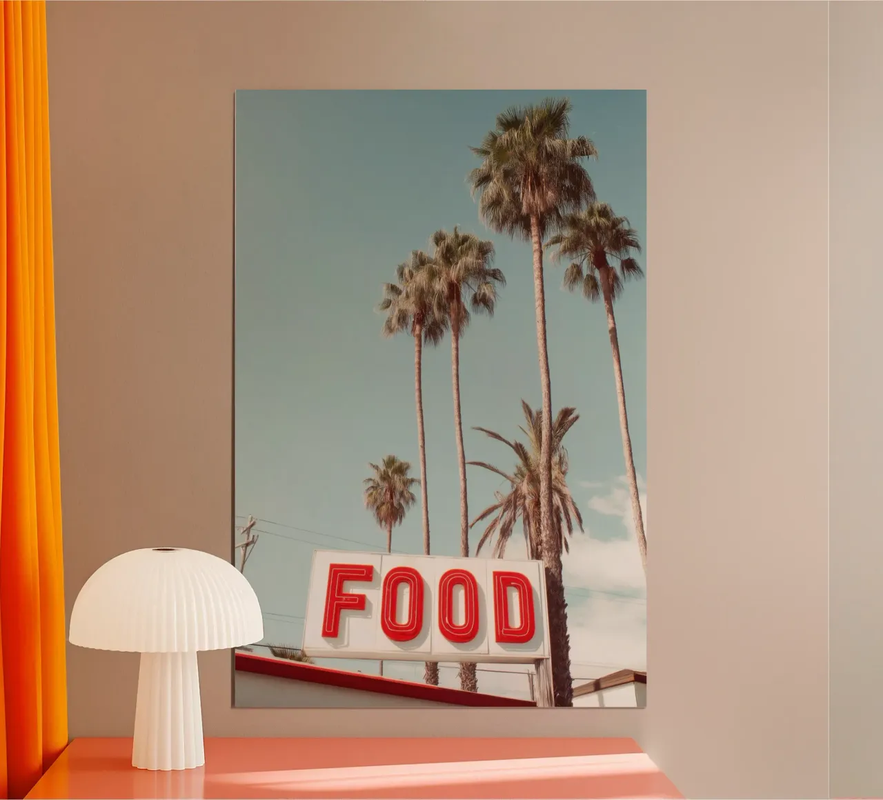 Insegna alimentare retrò con palme poster con telaio in alluminio da Indigo Tides Art
