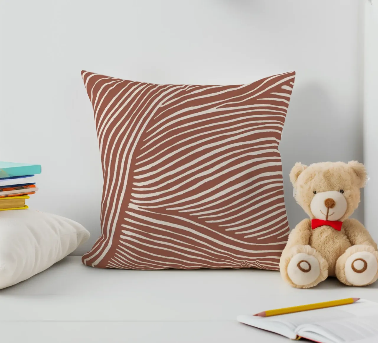 Terracotta linoleumsneden kussen van NouveauPrints