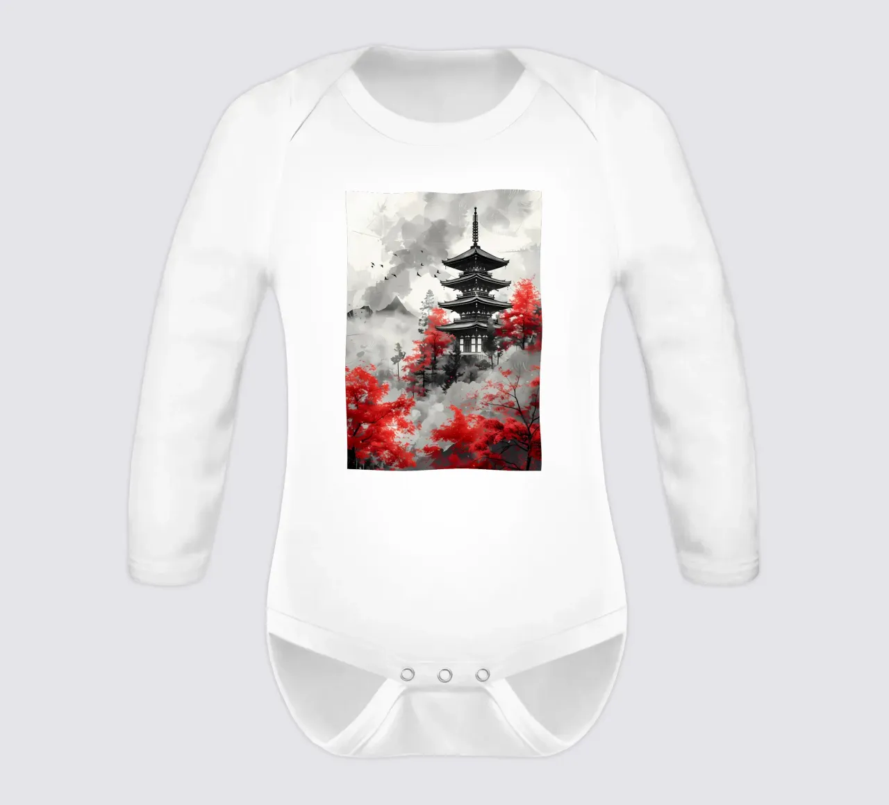 Red Japanese Painting long-sleeve baby romper by Rebecca Clark Wyrick