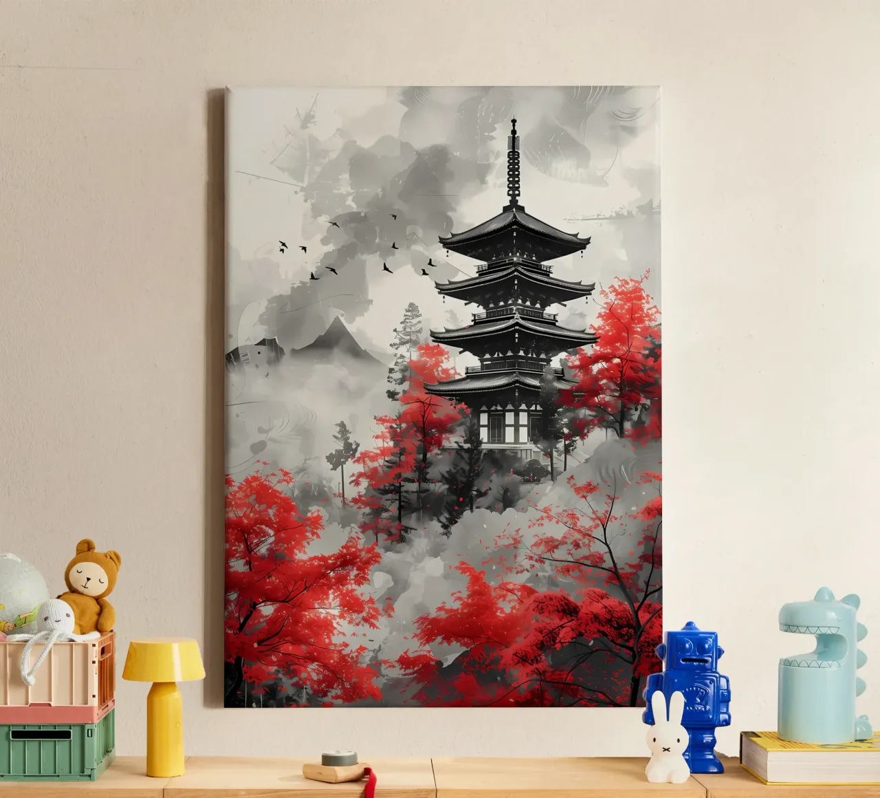 Rood Japans Schilderij canvas met Baklijst van Rebecca Clark Wyrick