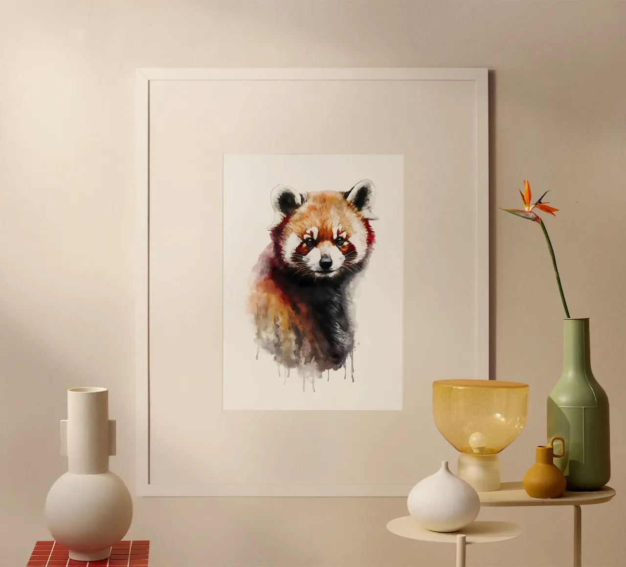 Panda rosso acquerellato poster con telaio in legno da James M Coyle