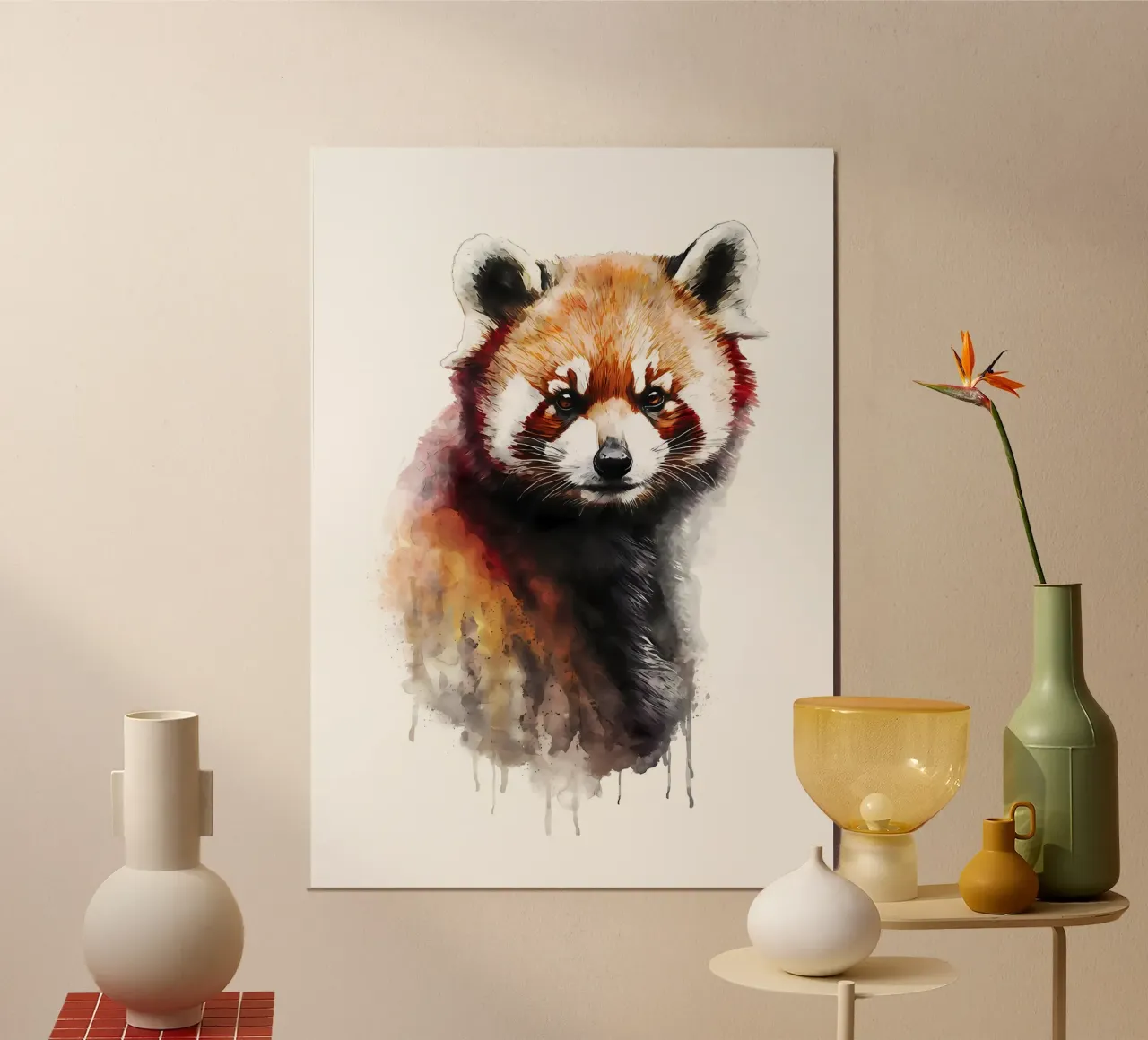 Panda rosso acquerellato poster con telaio in legno da James M Coyle