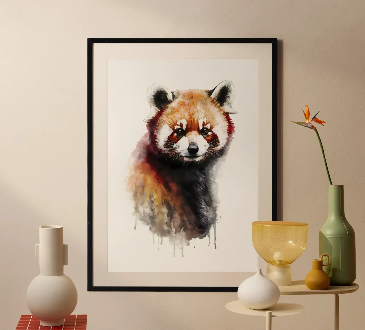 Panda rosso acquerellato poster con telaio in legno da James M Coyle