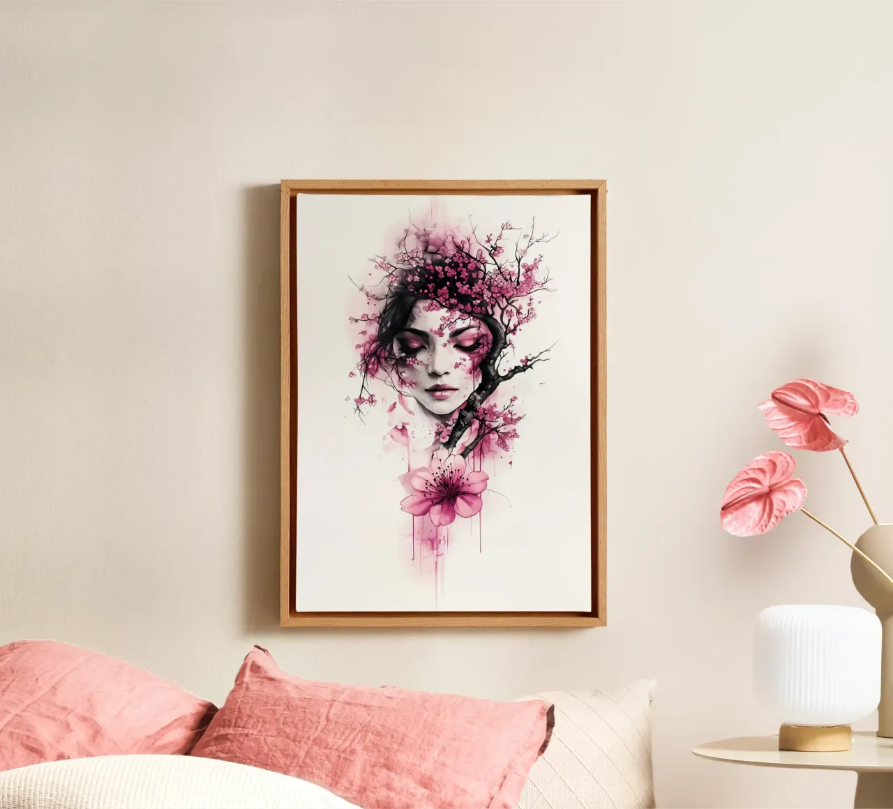 Kersenbloesem vrouw canvas met Baklijst van Rebecca Clark Wyrick