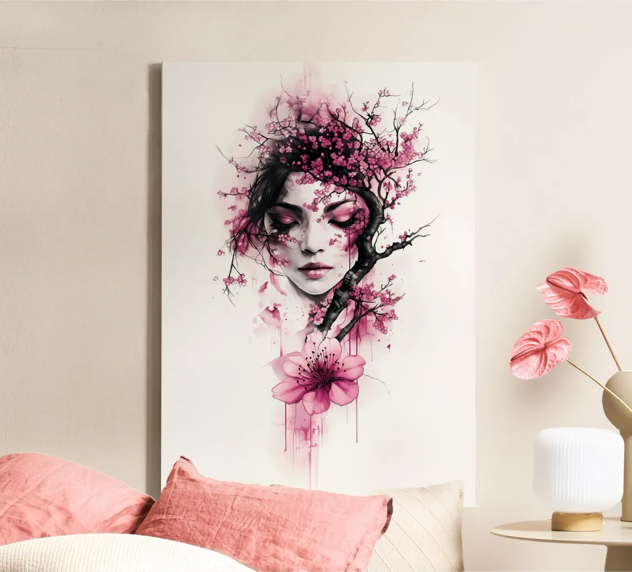 Kersenbloesem vrouw canvas met Baklijst van Rebecca Clark Wyrick