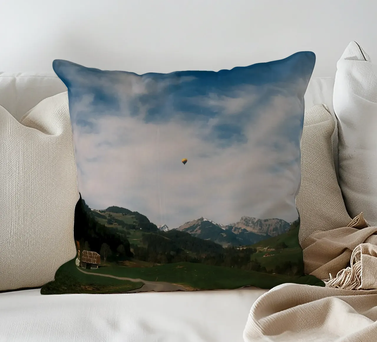 Floating Above the Valley – Swiss Spring Serenity cuscino da FujiSwiss