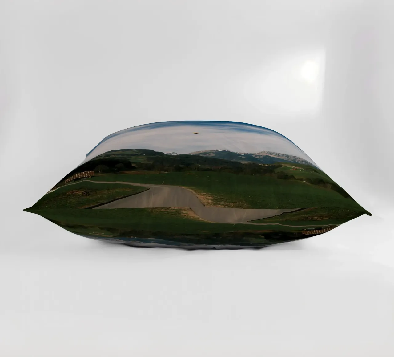 Floating Above the Valley – Swiss Spring Serenity cuscino da FujiSwiss