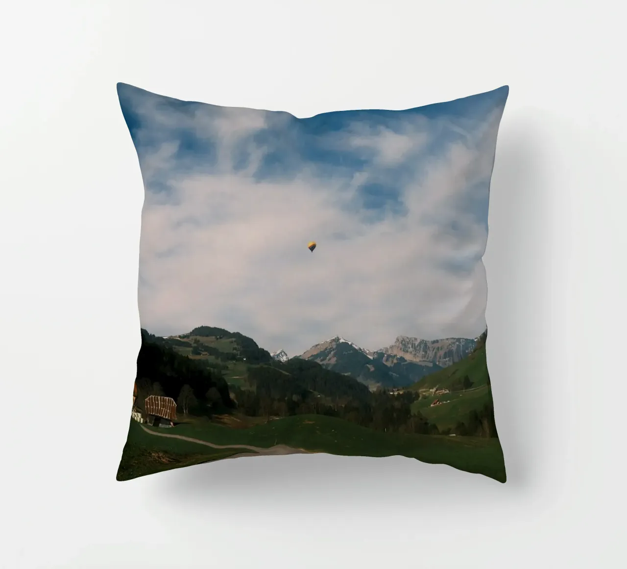 Floating Above the Valley – Swiss Spring Serenity cuscino da FujiSwiss