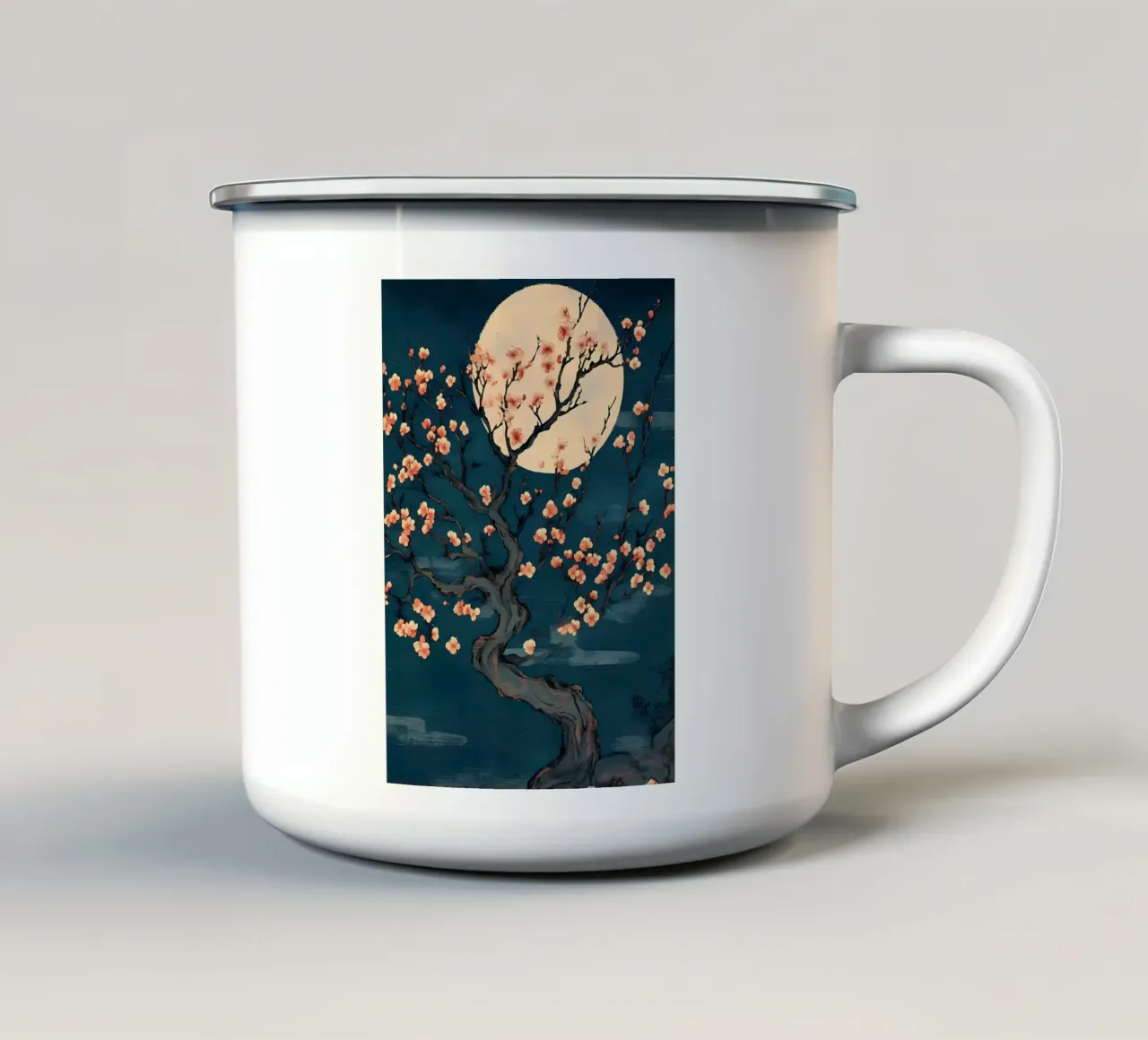 Fiori di ciliegio e luna tazza in smalto da Rebecca Clark Wyrick