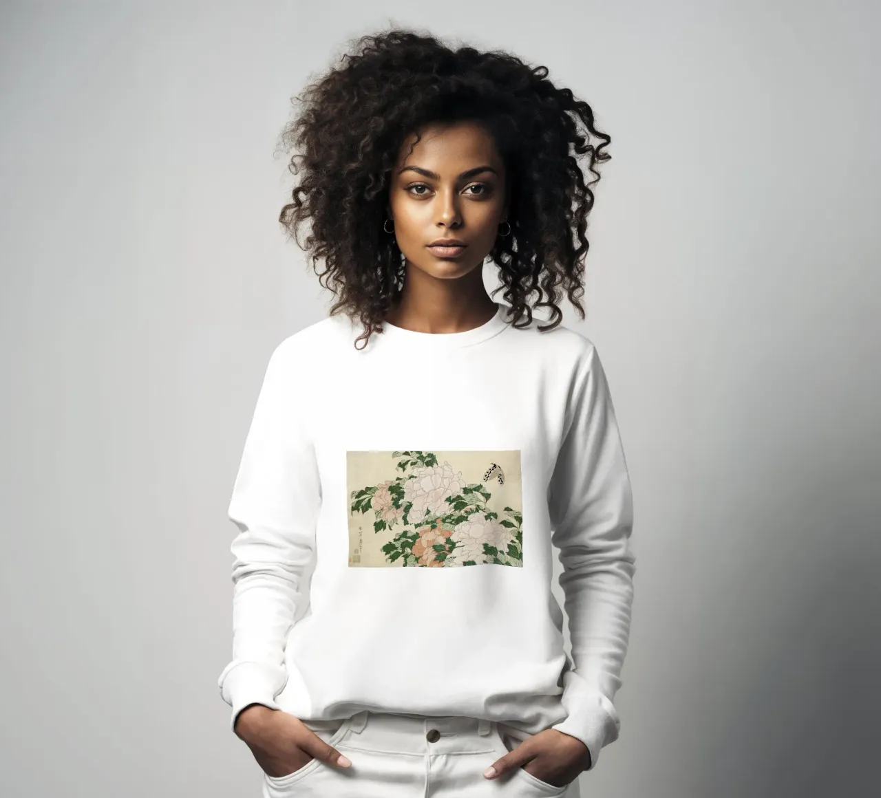 Hokusai - Pink and Red Peonies Blown to the Left in a Breeze and a Butterfly sudadera de ARTOTHEK