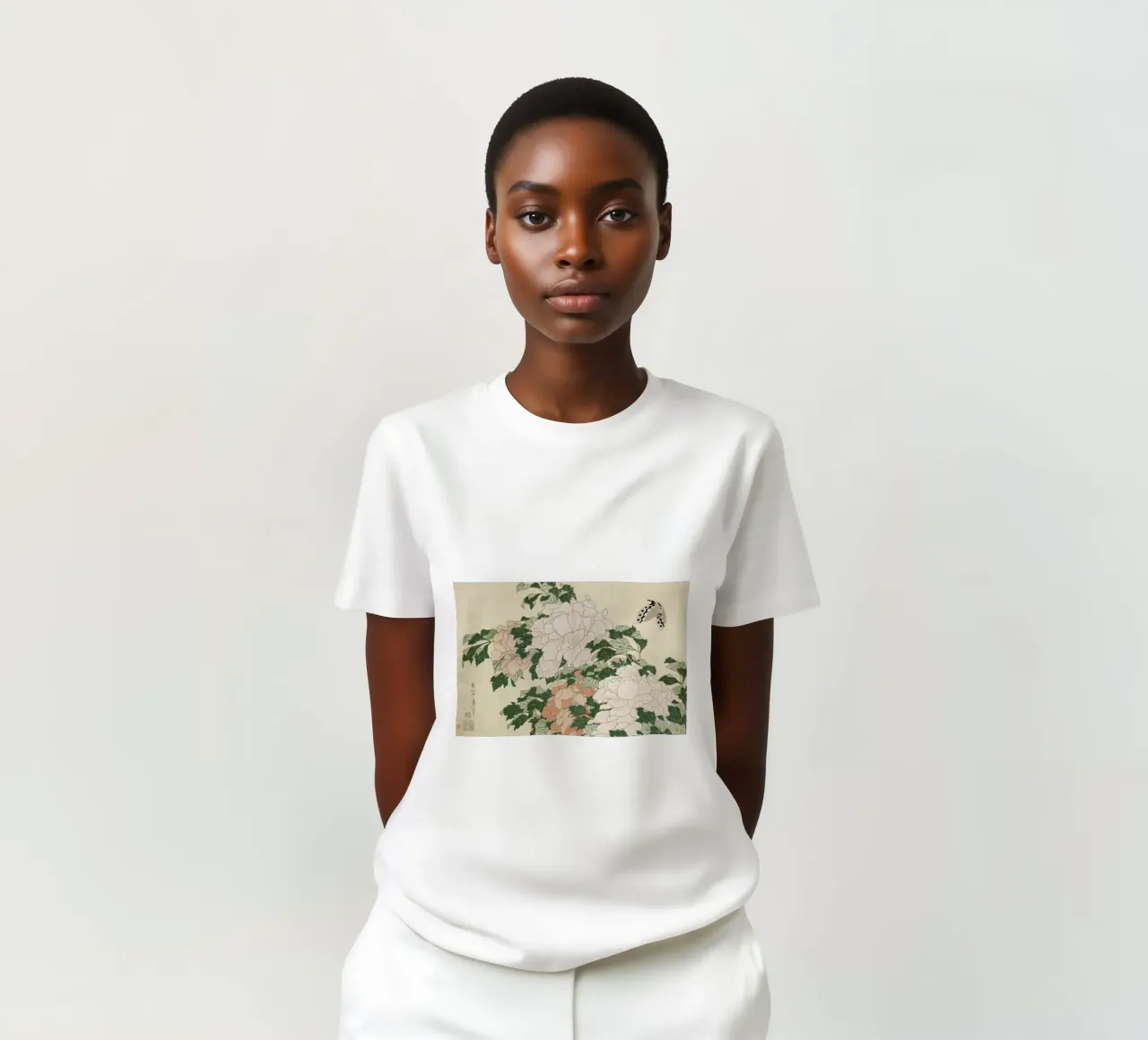 Hokusai - Pink and Red Peonies Blown to the Left in a Breeze and a Butterfly t-shirt da ARTOTHEK