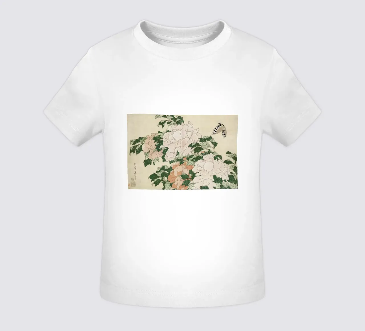 Hokusai - Pink and Red Peonies Blown to the Left in a Breeze and a Butterfly maglietta neonato da ARTOTHEK