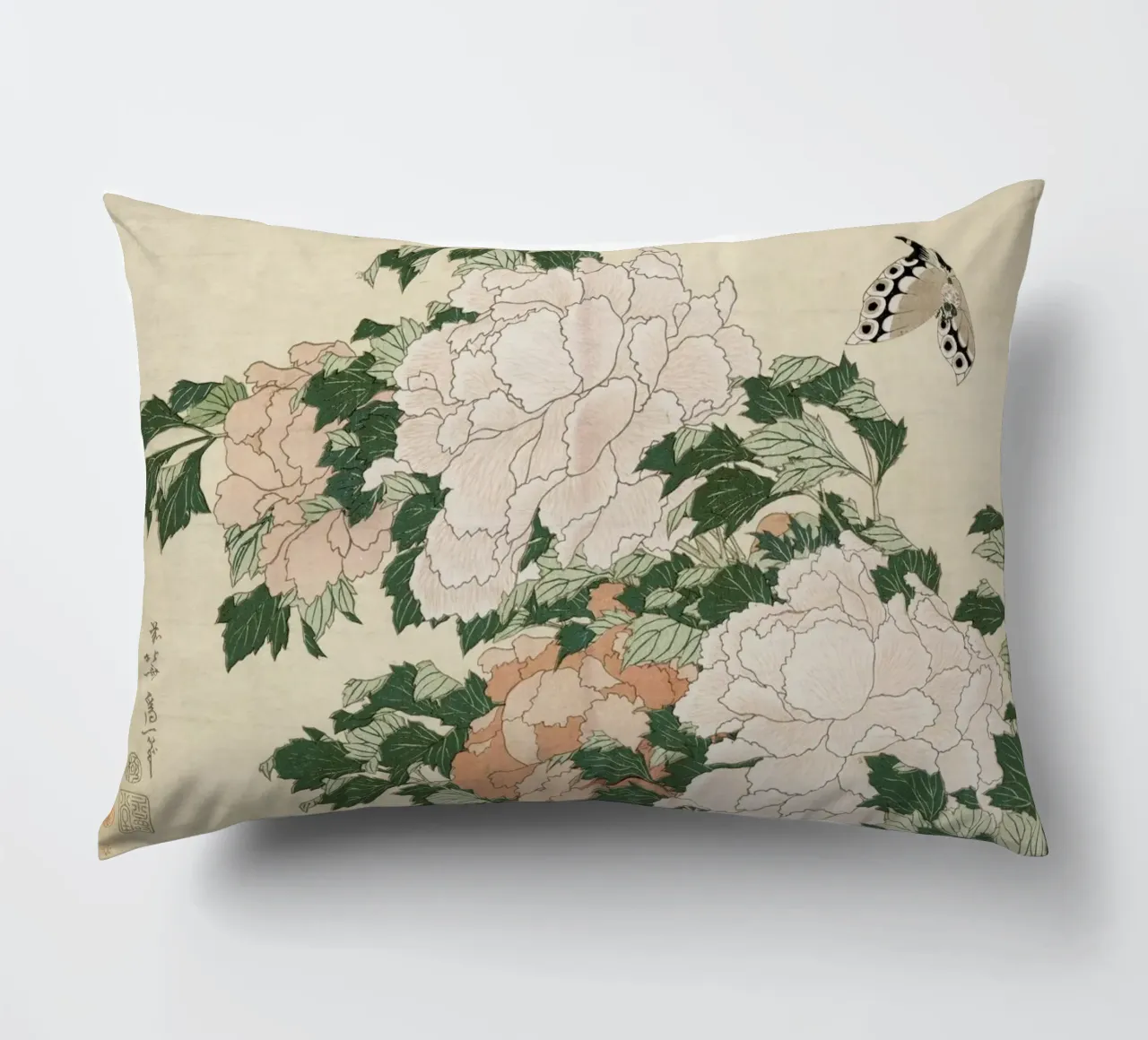 Hokusai - Pink and Red Peonies Blown to the Left in a Breeze and a Butterfly cuscino da ARTOTHEK