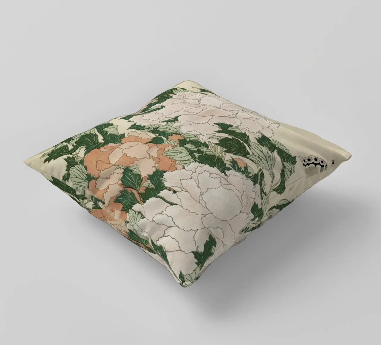 Hokusai - Pink and Red Peonies Blown to the Left in a Breeze and a Butterfly cuscino da ARTOTHEK