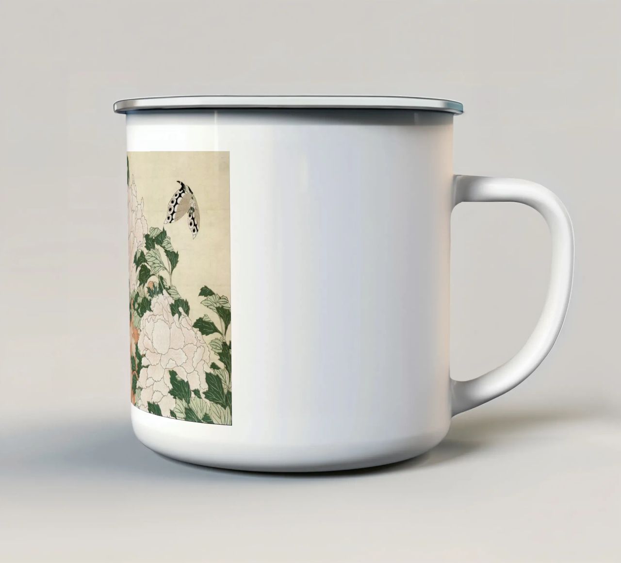 Hokusai - Pink and Red Peonies Blown to the Left in a Breeze and a Butterfly tazza in smalto da ARTOTHEK