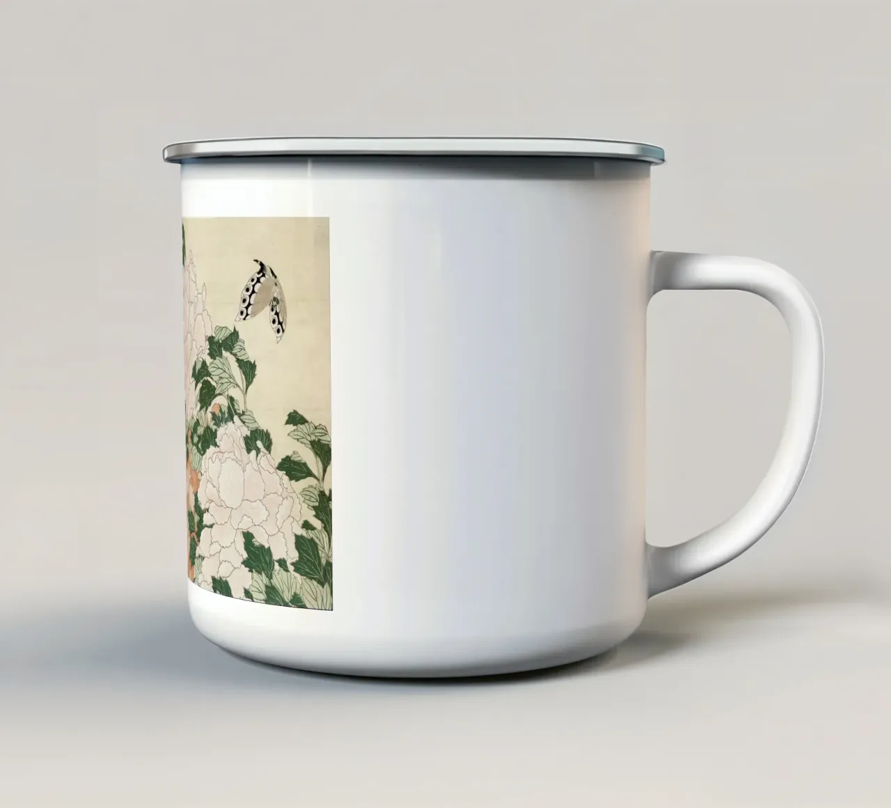 Hokusai - Pink and Red Peonies Blown to the Left in a Breeze and a Butterfly tazza in smalto da ARTOTHEK