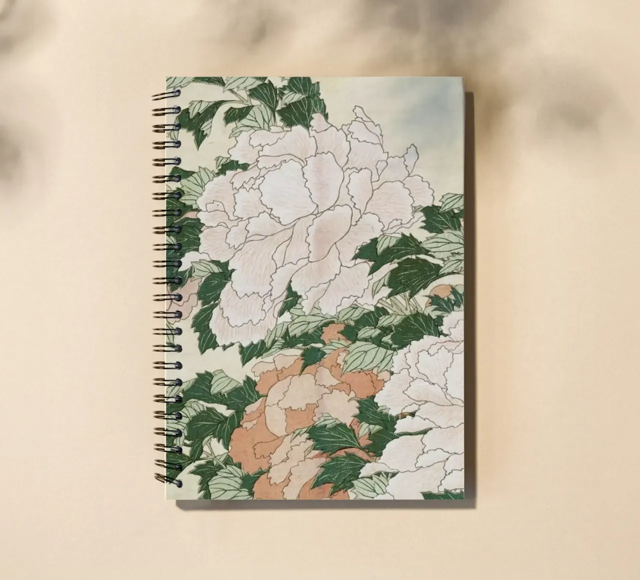 Hokusai - Pink and Red Peonies Blown to the Left in a Breeze and a Butterfly spiral notebook by ARTOTHEK