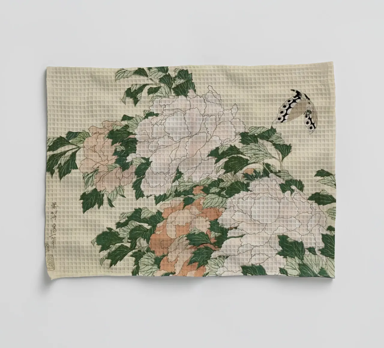 Hokusai - Pink and Red Peonies Blown to the Left in a Breeze and a Butterfly canovaccio da cucina da ARTOTHEK