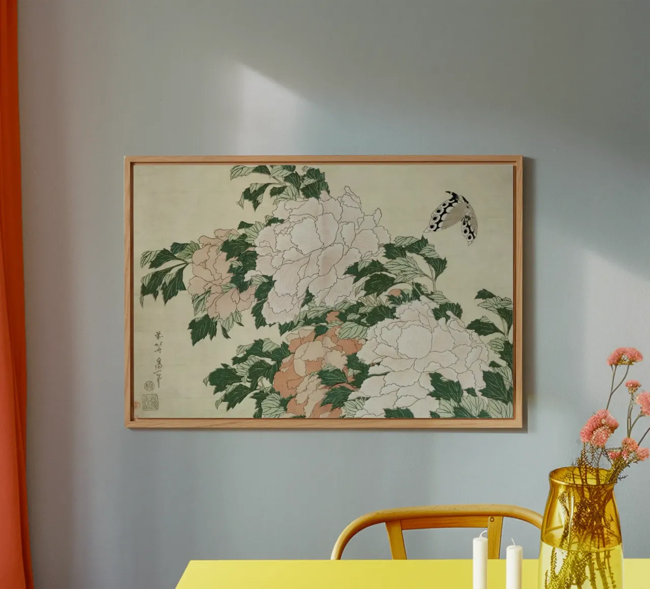 Hokusai - Pink and Red Peonies Blown to the Left in a Breeze and a Butterfly alluminio dibond da ARTOTHEK