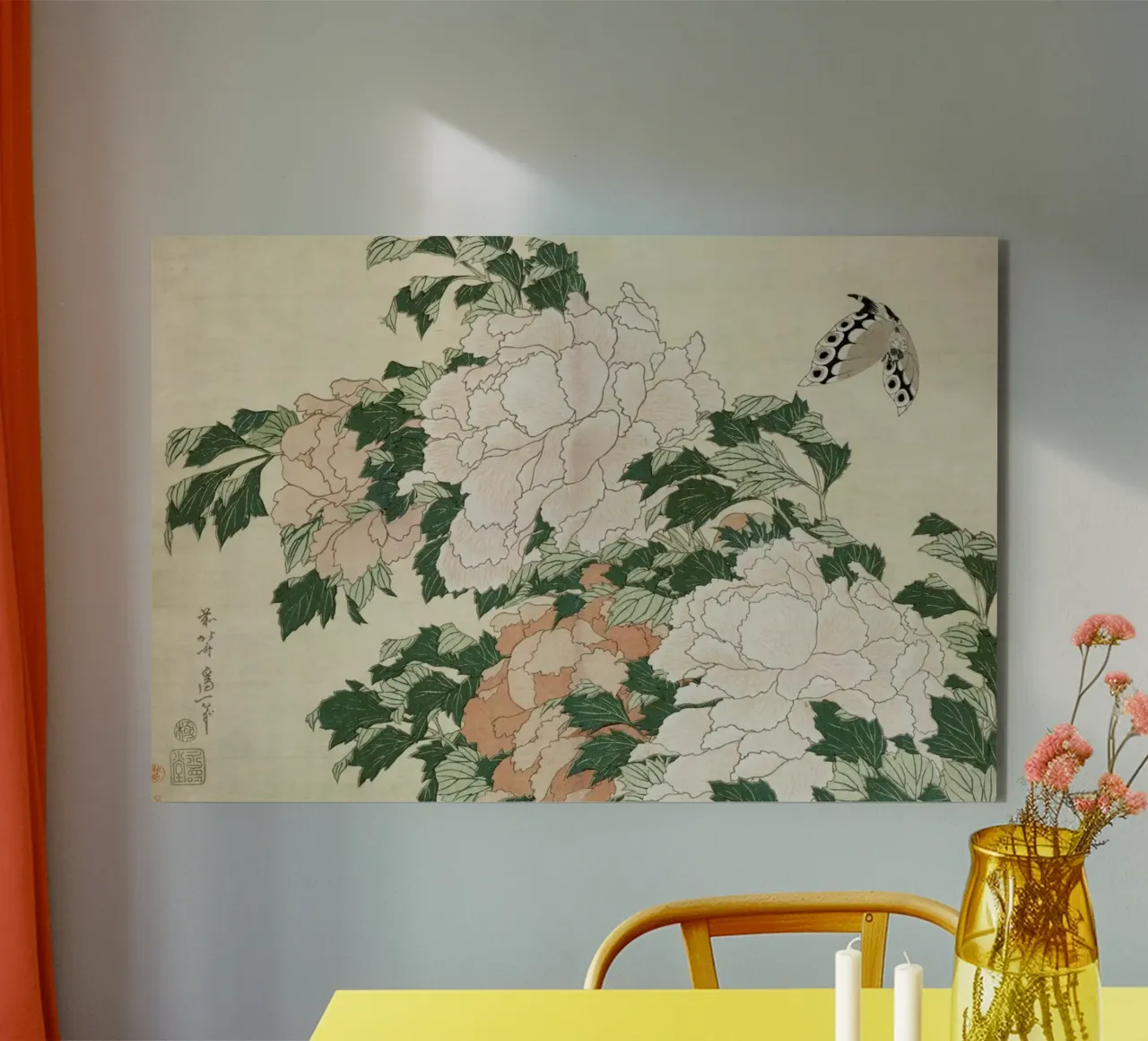 Hokusai - Pink and Red Peonies Blown to the Left in a Breeze and a Butterfly alluminio dibond da ARTOTHEK