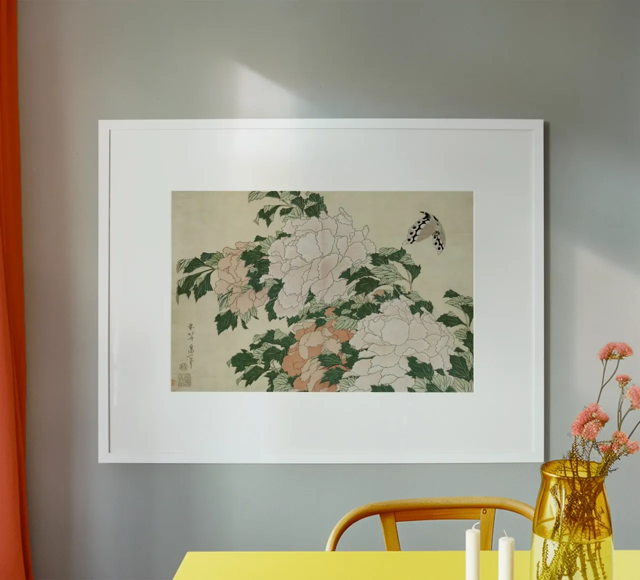 Hokusai - Pink and Red Peonies Blown to the Left in a Breeze and a Butterfly carta hahnemühle da ARTOTHEK
