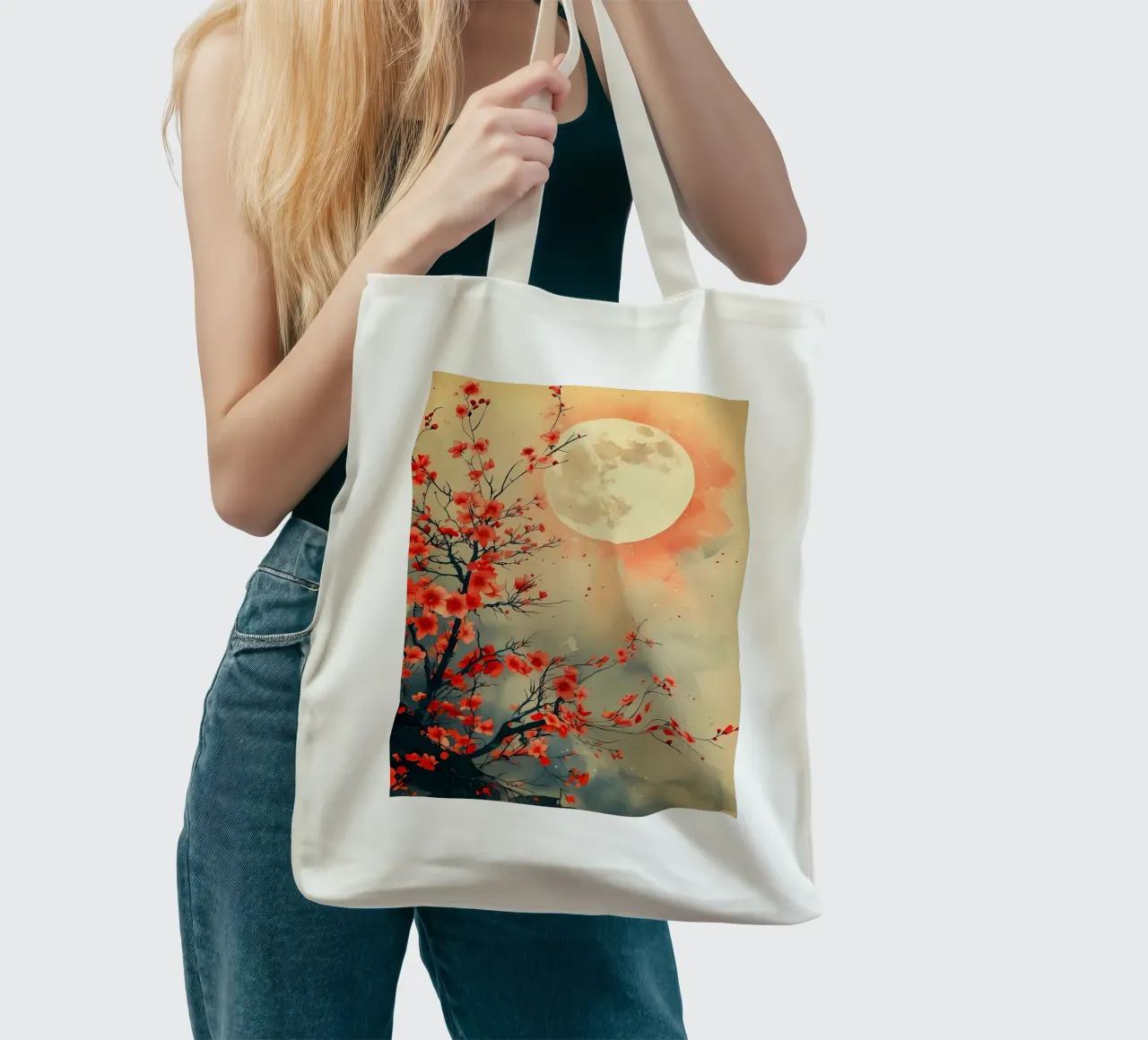 luna di ciliegio in fiore in Giappone borsa in juta da Rebecca Clark Wyrick
