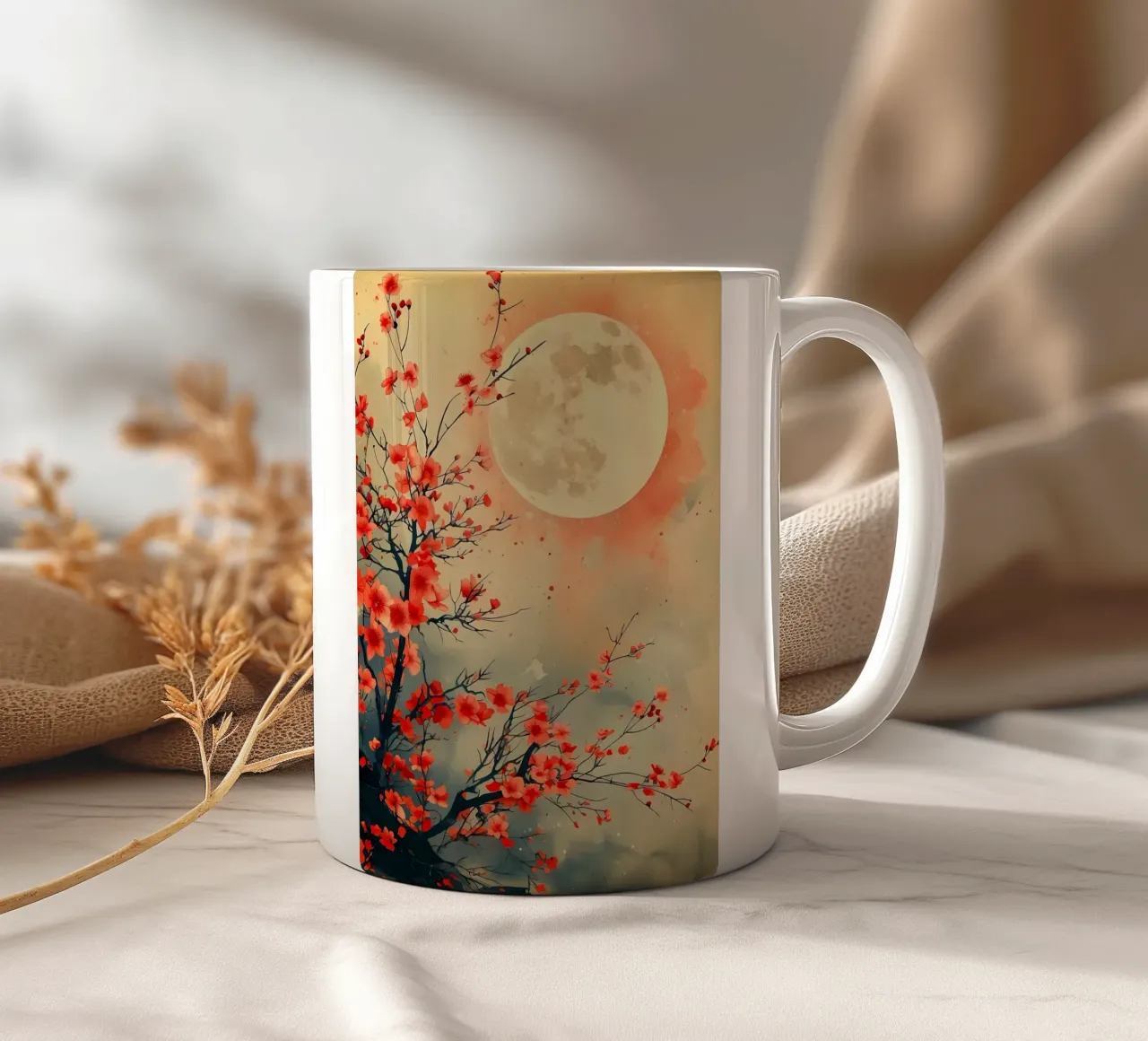 luna di ciliegio in fiore in Giappone tazza in ceramica da Rebecca Clark Wyrick