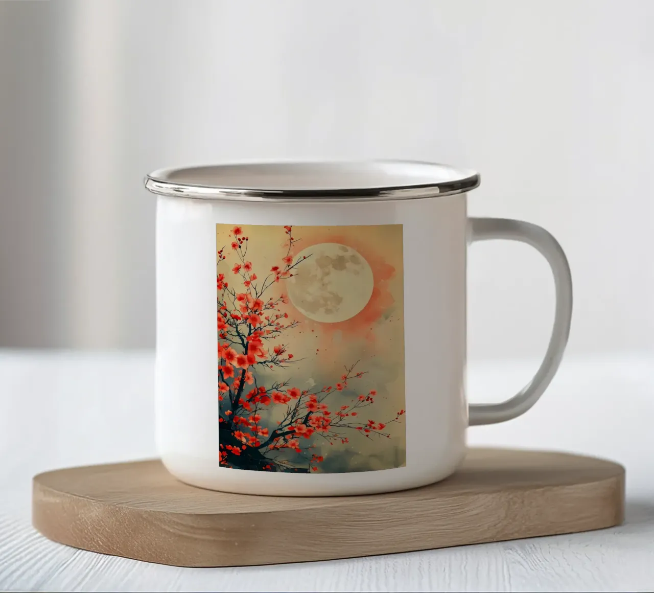 luna di ciliegio in fiore in Giappone tazza in smalto da Rebecca Clark Wyrick