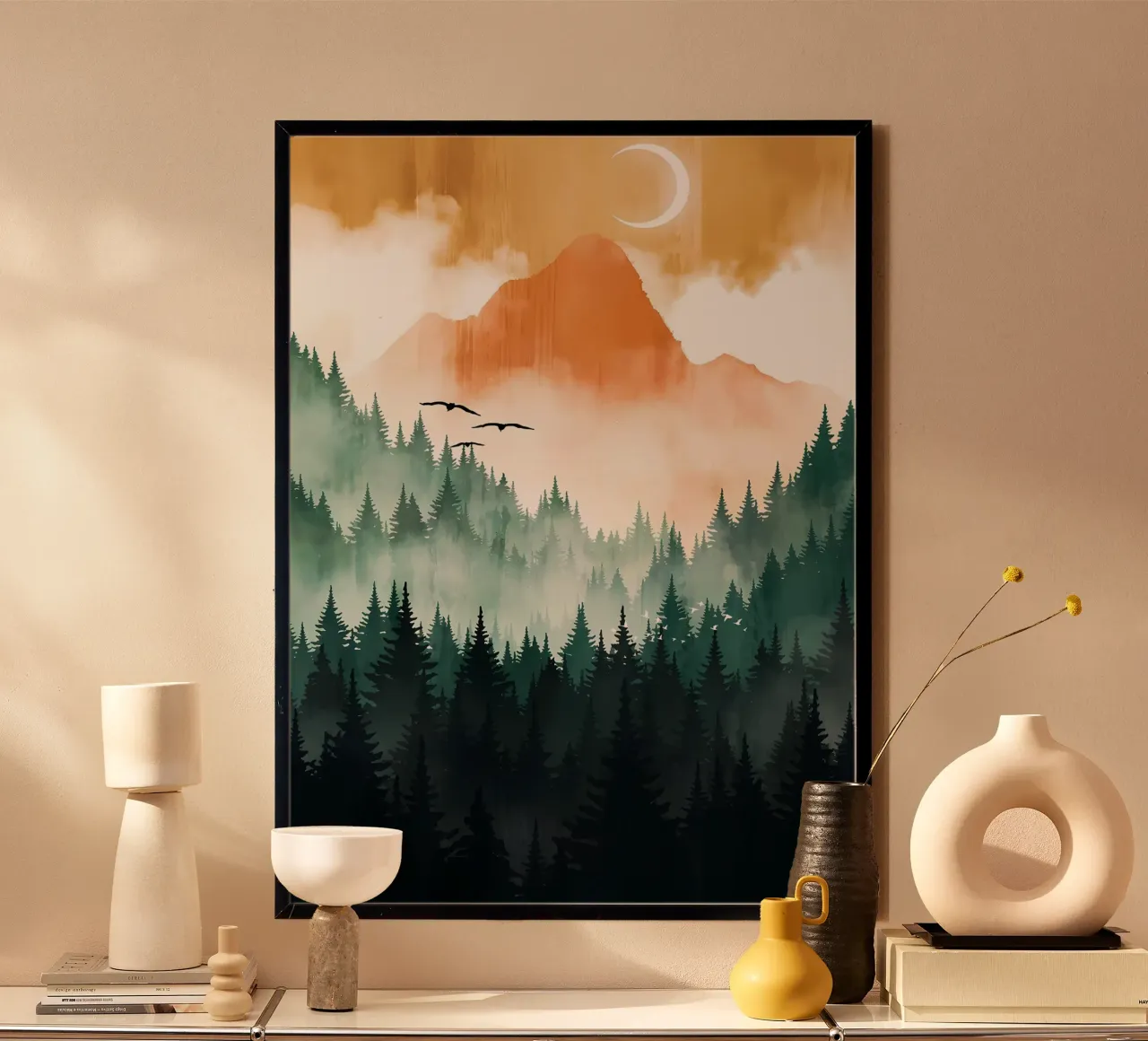 Tramonto in montagna poster con telaio in alluminio da Albert S Jacob