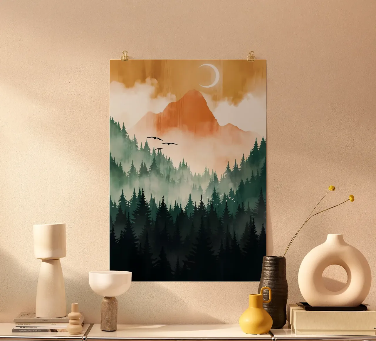 Tramonto in montagna poster con telaio in alluminio da Albert S Jacob