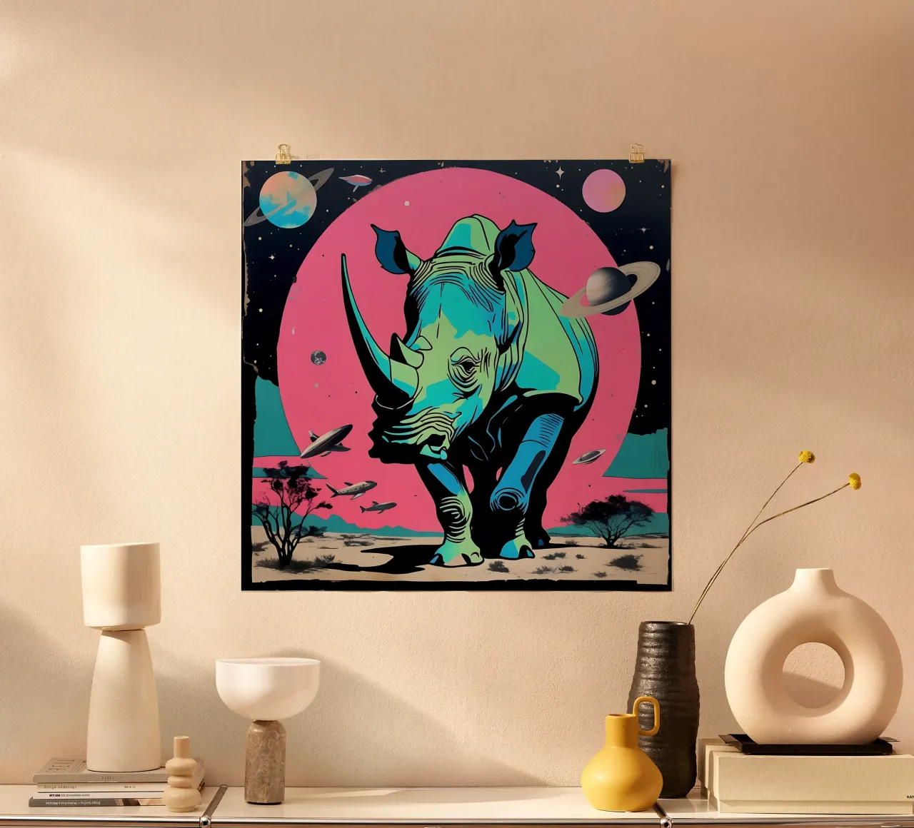Nashorn_Stil_D_1 poster con telaio in plastica da Tierisch bunt by LK