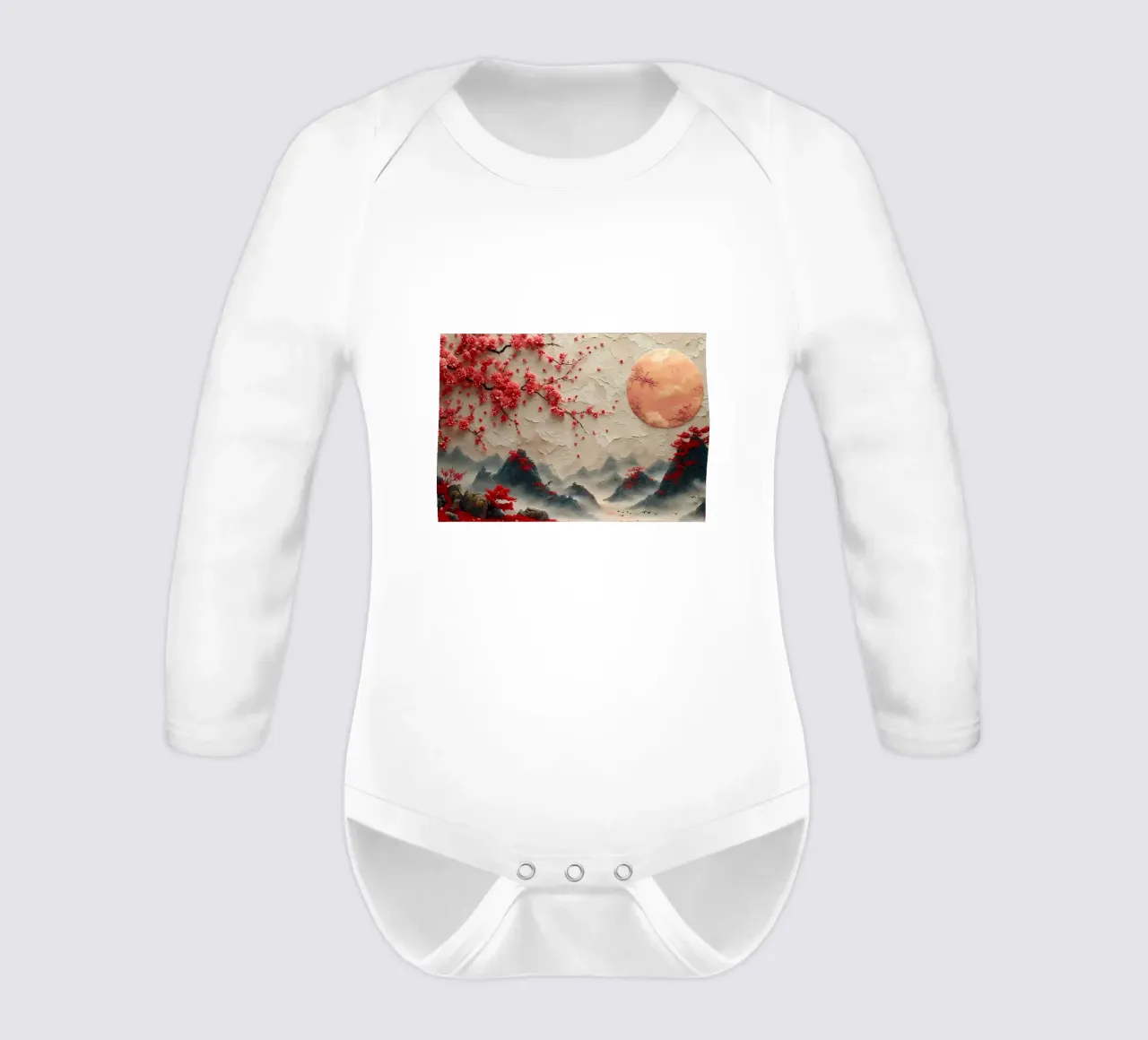Cherry Blossom Japan Art long-sleeve baby romper by Rebecca Clark Wyrick