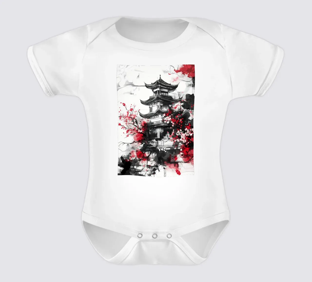 Japanese Cherry Pagoda short-sleeve baby romper by Rebecca Clark Wyrick