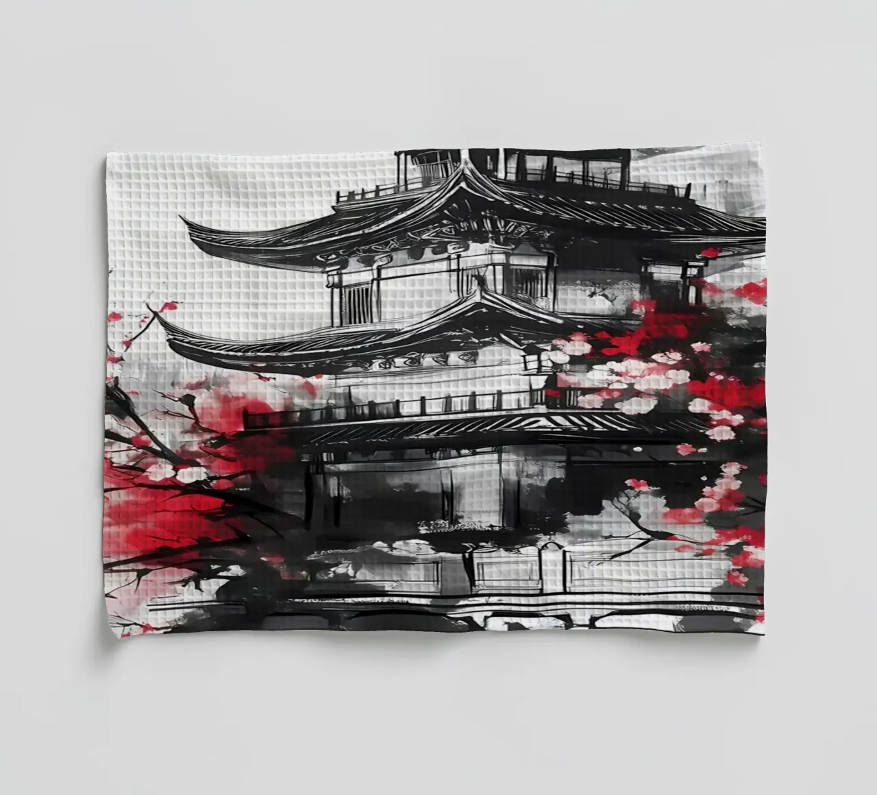 Pagoda giapponese di ciliegi canovaccio da cucina da Rebecca Clark Wyrick